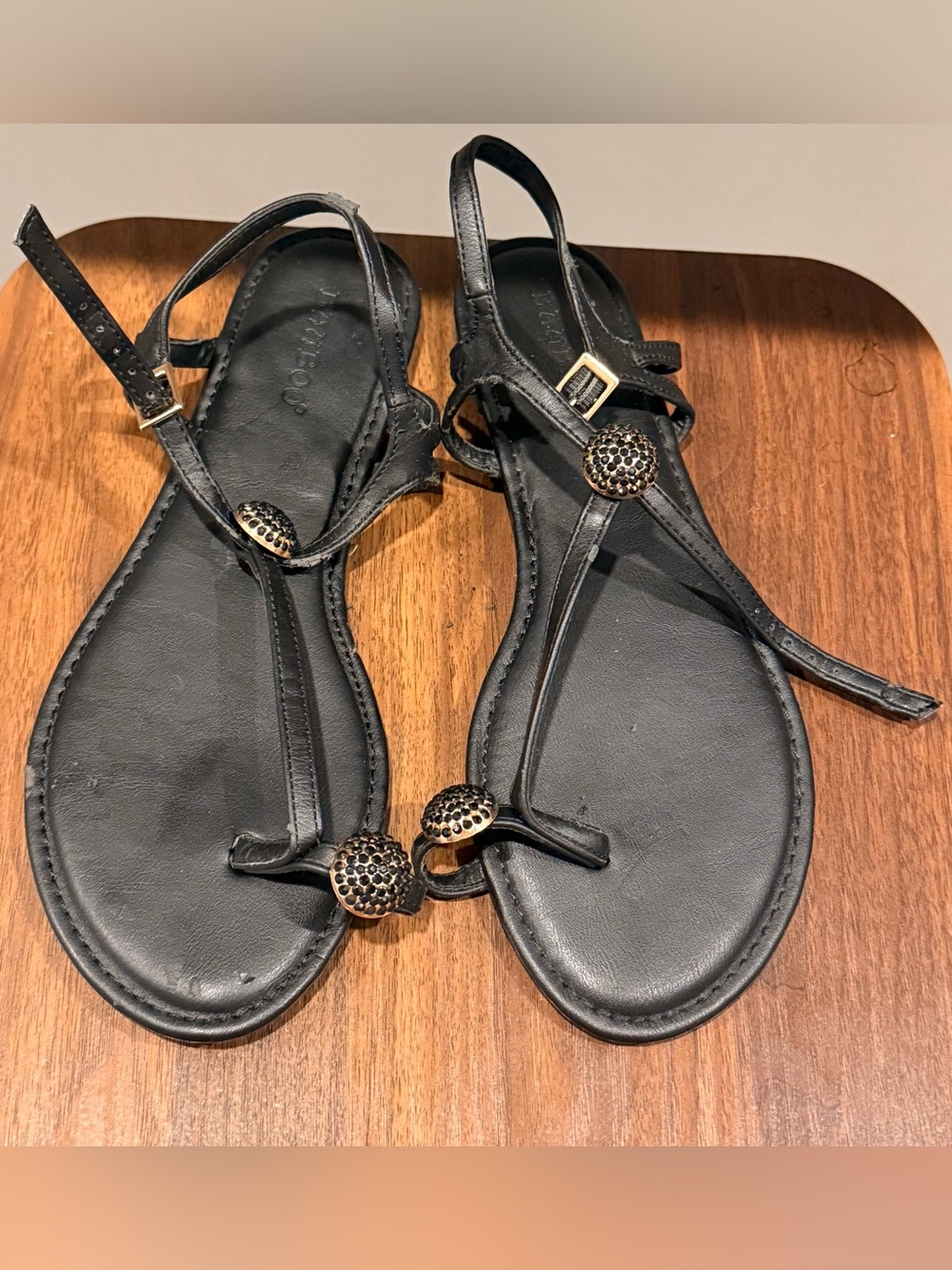 Bamboo Black T-Strap Sandals with Decorative Accent